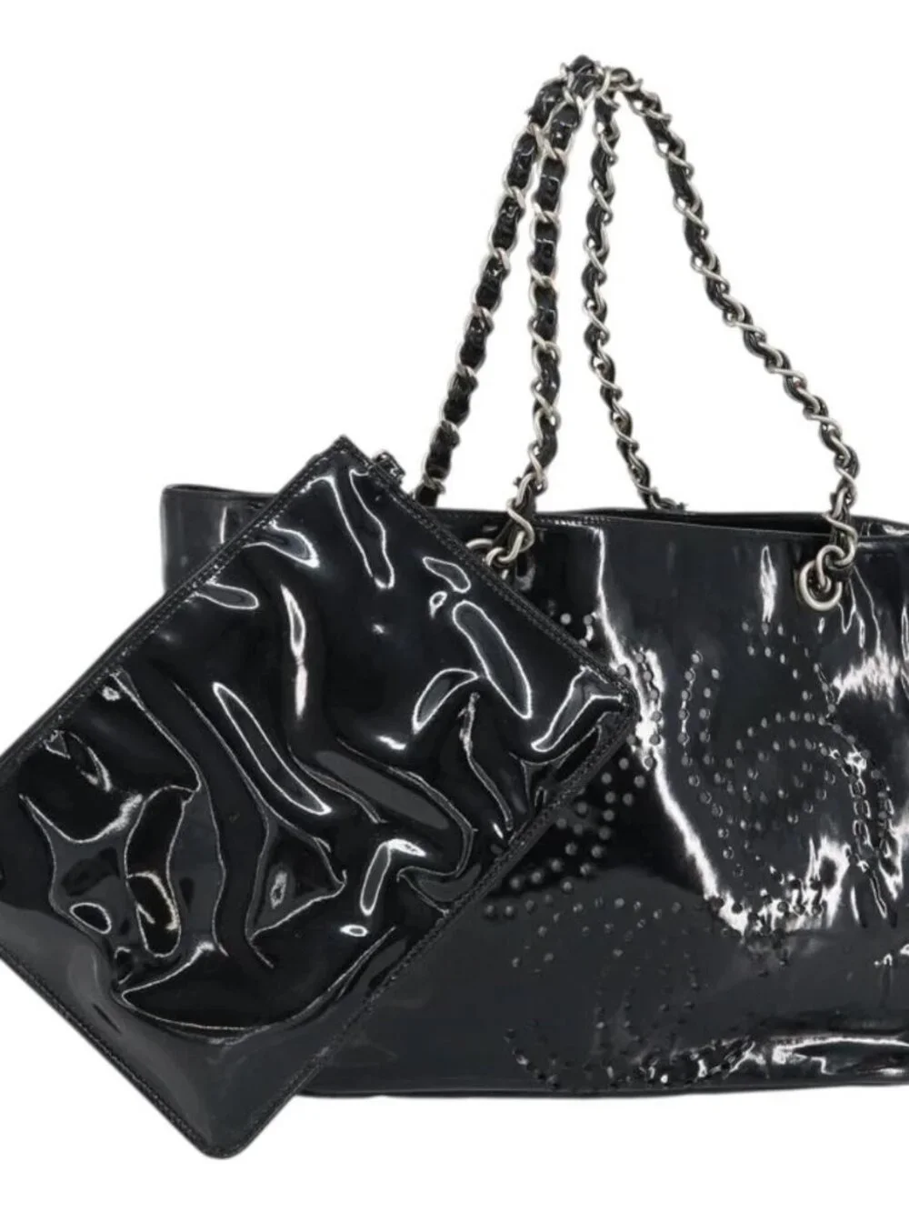 CHANEL Triple Coco Chain Tote Bag Patent leather Black Silver CC Auth 146826